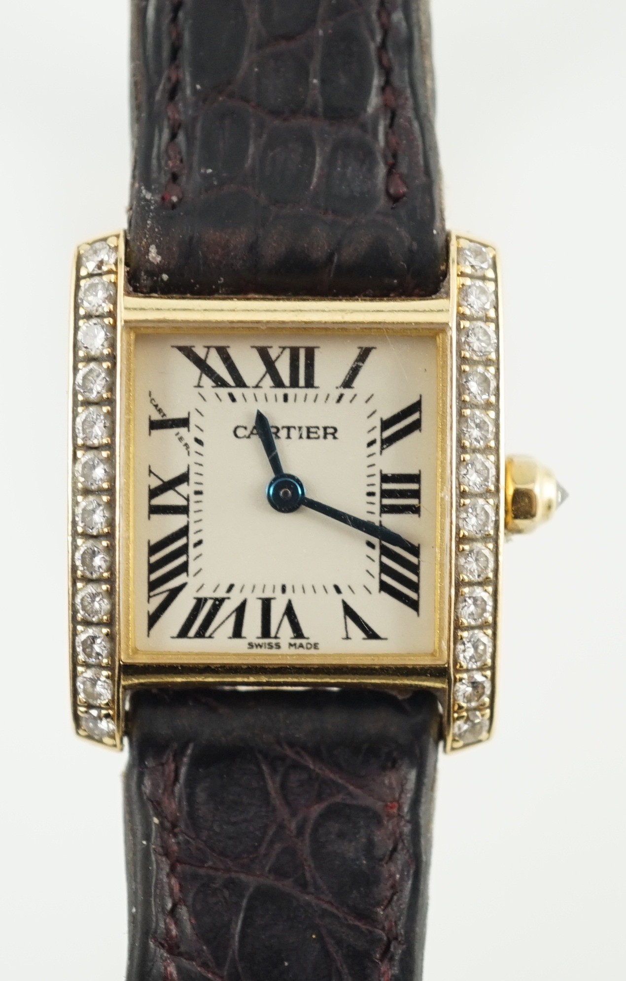 A lady's 2000 18k gold Cartier Tank Francaise square dial quartz dress wrist watch, with round brilliant cut diamond set case